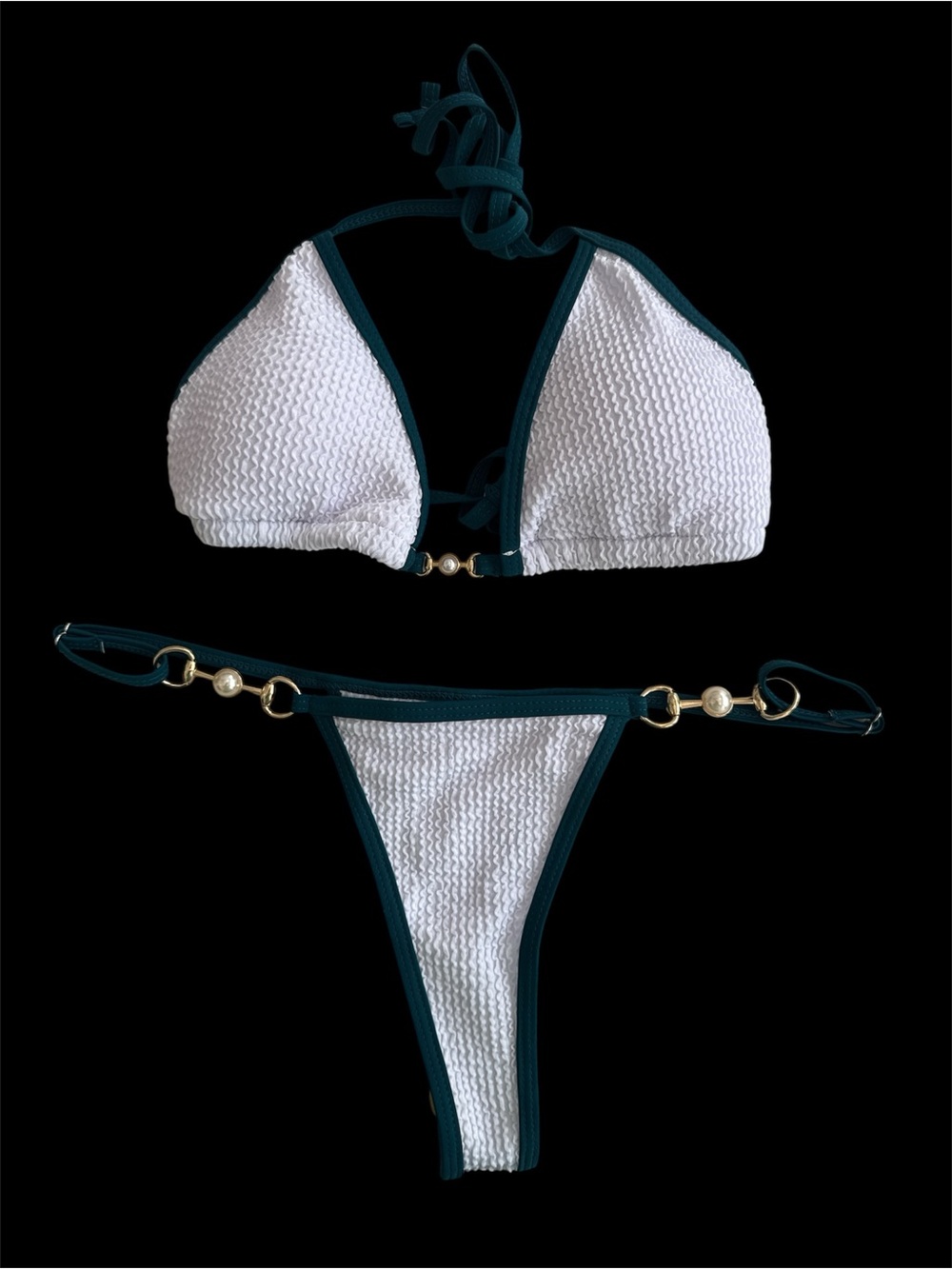 White Textured Triangle Bikini with Dark Green Trim